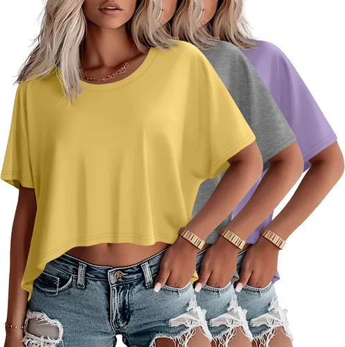 Vista 26 de Huukeay Paquete de 3 camisetas recortadas de gran tamaño para mujer, manga corta, holgadas, cuello redondo, holgadas, para entrenamiento