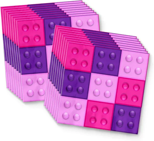 Vista 4 de Bloques de construcción rosados para fiesta de cumpleaños, juego de platos, servilletas, tazas para 16