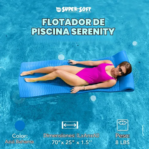 Vista 2 de TRC Recreation Serenity 1.5” Thick Vinyl Coated Foam Swimming Pool Float Mat Adult Lounger with Built-in Roll Pillow Azul Bahama