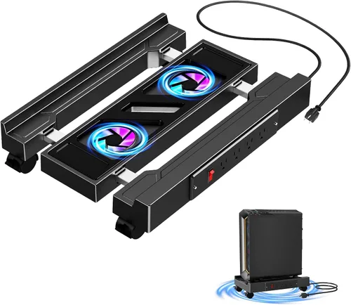 Vista 8 de Soporte ajustable para CPU con ventilador de refrigeración y luz RGB, soporte de CPU móvil con 4 ruedas rodantes, soporte de torre de computadora