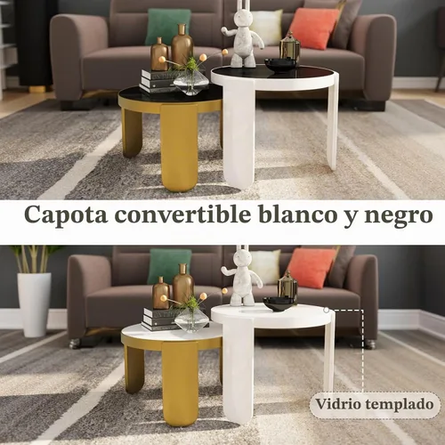 Vista 5 de ACEDÉCOR Mesa auxiliar anidable 4 en 1, moderna mesa central redonda con parte superior de vidrio templado convertible, mesa auxiliar apilable