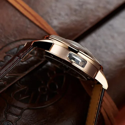 Vista 4 de Relojes de oro rosa de lujo para hombre, esfera esquelética, relojes automáticos, correa de cuero VM-1