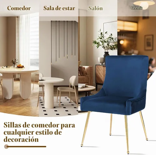 Vista 8 de adochr Juego de 2 sillas de comedor de terciopelo con patas de metal dorado 2-Azul oscuro