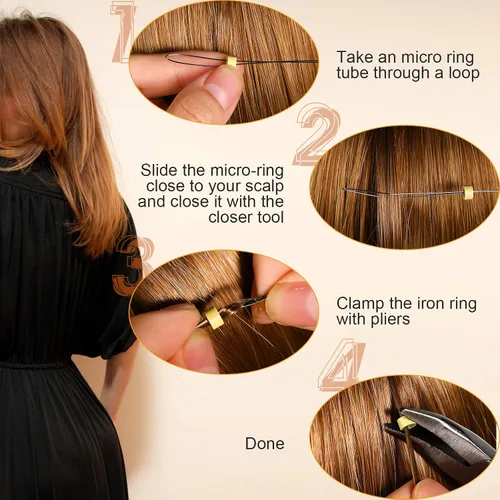 Vista 4 de Chuangdi Kit de herramientas de extensión de cabello: 600 cuentas de micro anillo forradas de silicona, 1 alicates, 1 peine, 2 ganchos, aguja