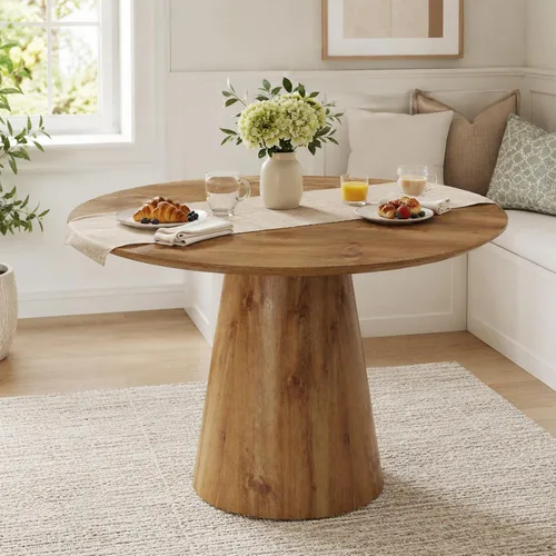 Vista 12 de Mesa de comedor redonda de 45 pulgadas, mesa de comedor redonda con pedestal para 4 One-Piece Round Tabletop, Faux Marble-Look, Stable Pedestal