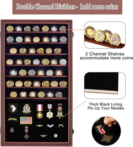 Vista 3 de Verani Vitrina de medallas – Caja de sombra de monedas de desafío militar – Vitrina de pines con estantes extraíbles y fondo pinable para insignias