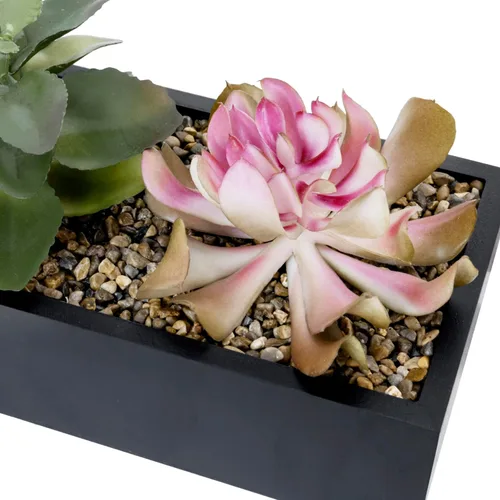 Vista 4 de MyGift Arreglo de suculentas artificiales surtidas en caja rectangular de madera negra, decoración de plantas falsas