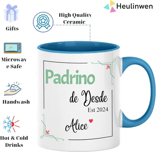 Vista 3 de Juego personalizado de Bautizo Recuerdos Juego De 2 Tazas 2024, Padrinos De Bautizo Propuesta Set 2 Tazas Café 11Oz, Para Niño, Niña, Propuesta