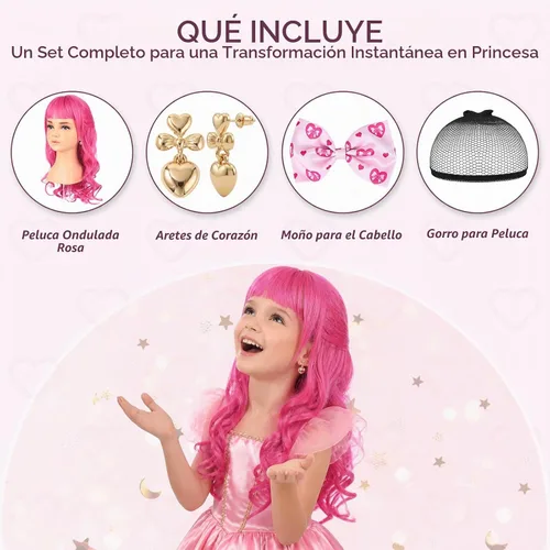 Vista 2 de Peluca larga ondulada rosa con aretes de lazo para disfraz de princesa