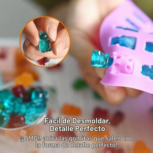 Vista 4 de Moldes de silicona para gomitas de oso, 32 unidades, molde antiadherente para dulces de chocolate, 18 formas para 327 dulces, con 4 goteros, cepillo