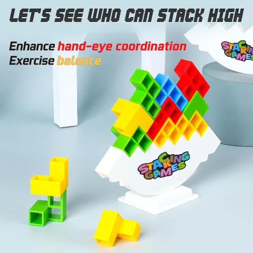 Vista 2 de ALKISTA Juego de bloques de equilibrio Tetra Tower de 96 piezas, juegos de mesa para 2 jugadores+juegos familiares, fiestas, viajes, niños