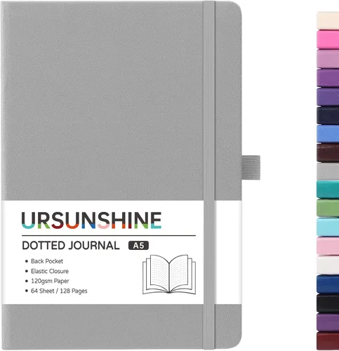 Vista 33 de Cuaderno punteado, diario, 5.3 x 8.26 pulgadas, tapa dura, prémium, papel grueso, doble espiral, bandas, cuero negro sintético, lazo para bolígrafo