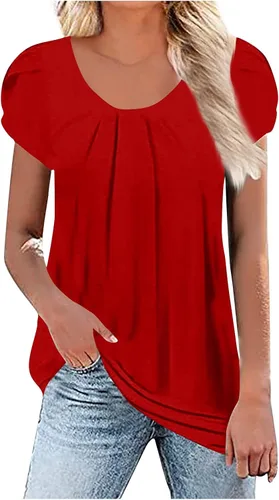Vista 2 de Camisetas de manga larga para mujer, color sólido, manga corta, con botones, cuello redondo, estilo casual