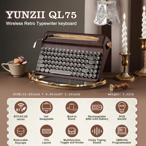 Vista 2 de YUNZII QL75 Wireless Typewriter Hot Swap Retro Mechanical Keyboard,Punk Round Keycaps,RGB Backlit QMK/VIA Programmable, Multi-Device Keyboard with