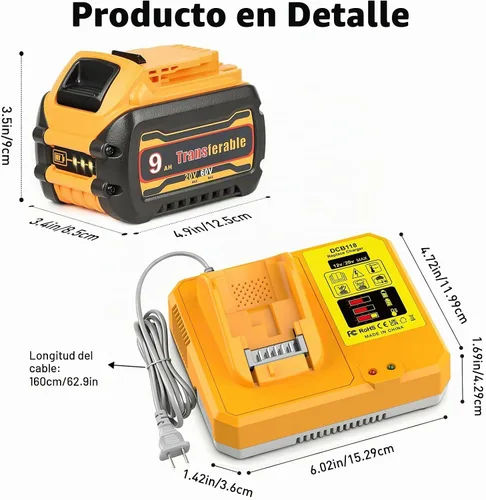 Vista 9 de Repuesto para batería Dewalt de 60 V y cargador rápido DCB118 Combo Naranja