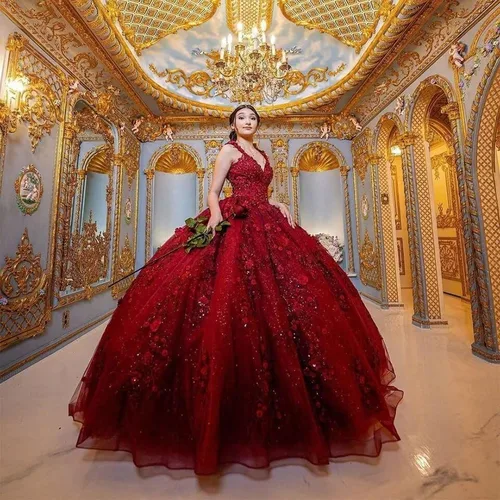 Vista 2 de Vestidos de quinceañera con cuello en V para mujer, vestido de baile de tul brillante 3D, apliques de flores dulces 15 16, vestidos de fiesta