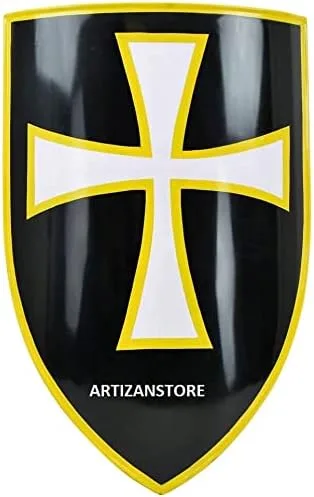 Vista 4 de ARTIZANSTORE Escudo de calentador de acero medieval Cruz blancacampo negro escudo de acero de calibre 18 para cosplay, juego de rol