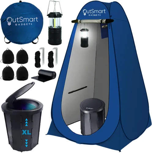 Vista 9 de Outsmart Gadgets Juego de inodoro portátil para exteriores para adultos con linterna nocturna de campamento, inodoro plegable XL, tienda de campaña