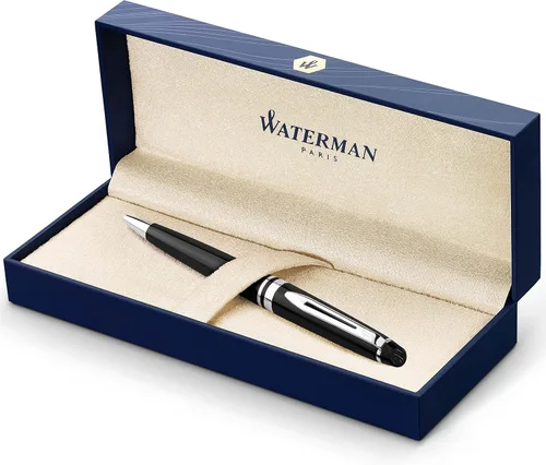 Vista 2 de Waterman Expert - Bolígrafo negro CT, punta media, bolígrafo hemisferio de tinta azul, acero inoxidable con borde cromado, punta media con cartucho