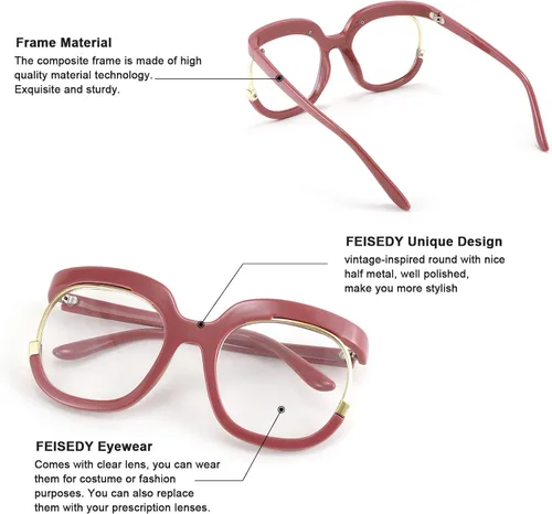 Vista 5 de FEISEDY Gafas ovaladas retro de gran tamaño, sin receta, marco elegante para mujeres B4090