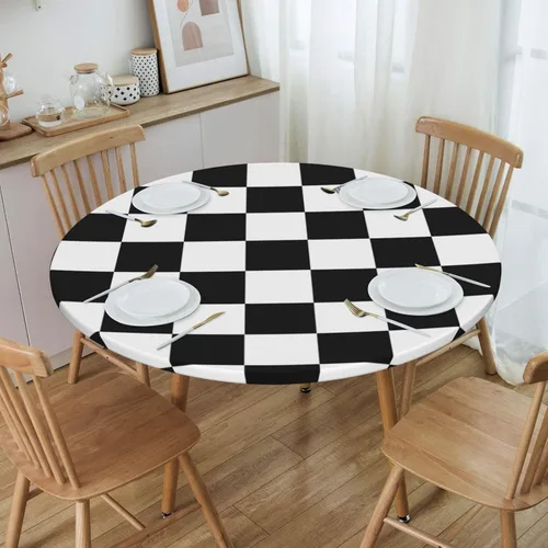 Vista 7 de Fiokroo Mantel con estampado a cuadros blancos y negros con borde elástico, mantel redondo de ajedrez, lavable, reutilizable, para cocina, comedor