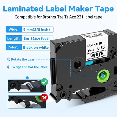 Vista 2 de Cinta para etiquetar de 0.354 in TZe-221 TZ Cinta de 0.354 in 0.35 laminada blanca Ptouch Cinta de reemplazo para Brother P-Touch TZe221 Trabaja