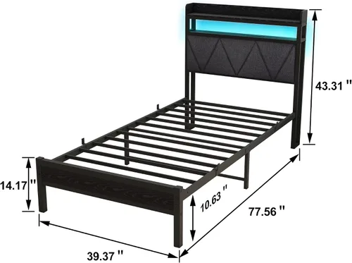 Vista 2 de Base de cama de tamaño individual con luces LED, cabecera tapizada de almacenamiento y estación de carga USB, marco de cama de metal resistente