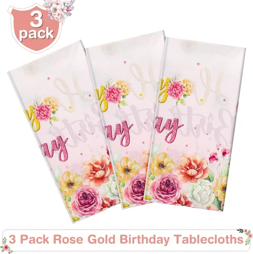 Vista 4 de Oudain Mantel de plástico para fiesta de cumpleaños, 3 piezas, color rosa, desechable, rectangular, rosa, para decoración de fiesta de cumpleaños