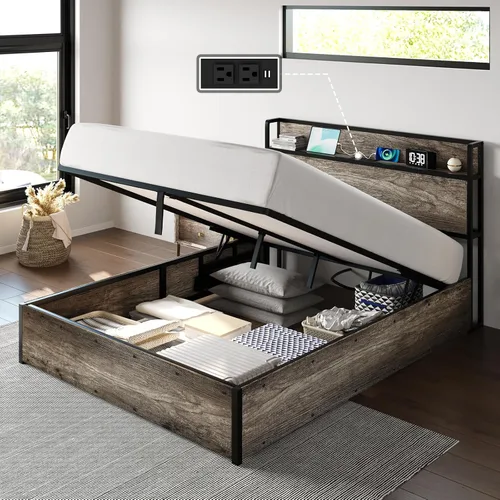 Vista 9 de AMERLIFE Marco de Cama de Almacenamiento Elevable Tamaño Completo, Marco de Cama de Plataforma de Madera con Almacenamiento Elevable y Estación