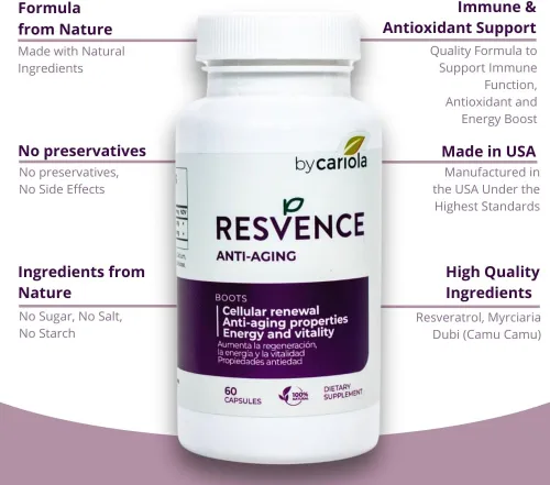 Vista 4 de Resvence Resveratrol Suplemento Cápsulas - Antioxidante - Impulsa el sistema inmunológico - Energía y vitalidad - Renovación celular - Apoya