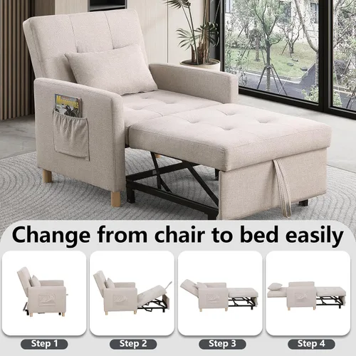 Vista 5 de Silla de cama convertible, sofá cama extraíble con respaldo ajustable, tela de lino, silla convertible con bolsillo lateral para sala de estar