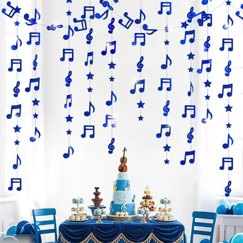 Vista 11 de Guirnalda colgante de estrella negra con notas musicales brillantes, decoración de techo para cumpleaños, baby shower, fiesta, concierto, boda