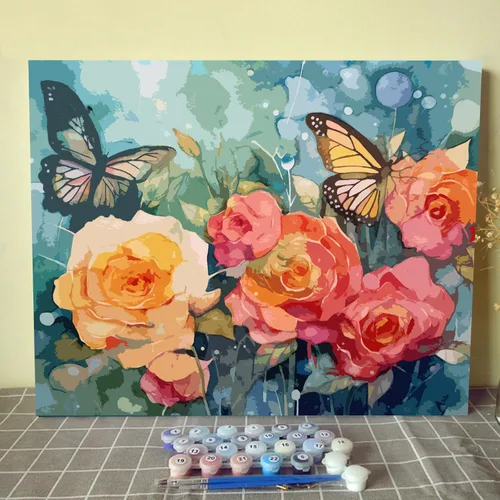 Vista 19 de Tucocoo Kits de pintura de paisaje de girasoles por números con pinceles y pigmento acrílico sobre lienzo para adultos, patrón de mariposas y flores