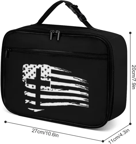 Vista 3 de Lonchera reutilizable con diseño de cruz de la bandera estadounidense, bolsa de almuerzo aislada, lonchera para comida y alimentos, bolsa de mano