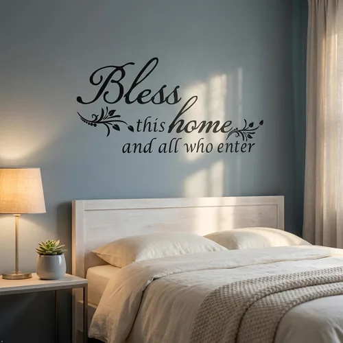 Vista 8 de Decoración de calcomanía de vinilo con texto en inglés “Bless This Home and All who Enter”, para la entrada o la sala de estar Negro