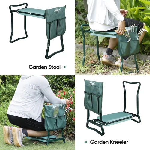 Vista 6 de ZENY Asiento plegable para jardín, asientos de trabajo de jardinería, banco de jardín portátil con almohadilla de espuma gruesa y bolsa
