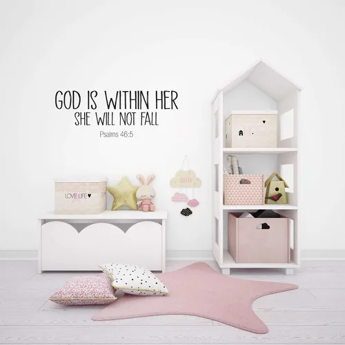 Vista 2 de Calcomanía de vinilo con versículo bíblico con texto en inglés "God Is Within Her She Will Not Fall" (Salmo 46:5), diseño decorativo para la pared