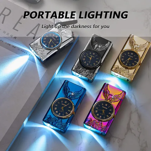 Vista 5 de BABOBIU Encendedor eléctrico recargable a prueba de viento USB con esfera de reloj y diseño de águila sin llama para camping, oficina en casa