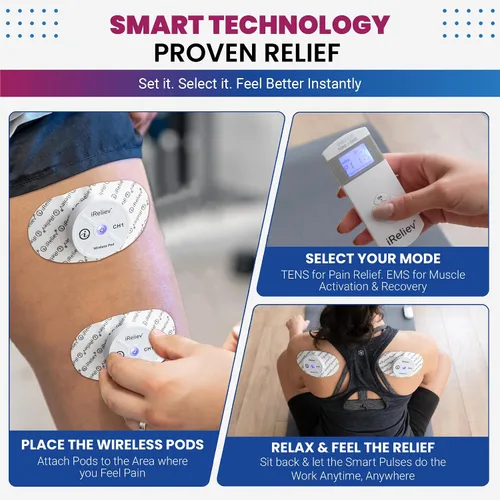 Vista 2 de Sistema Terapéutico Portátil Inalámbrico iReliev TENS + EMS Unidad TENS Inalámbrica + Estimulador Muscular Combinación para Alivio del Dolor