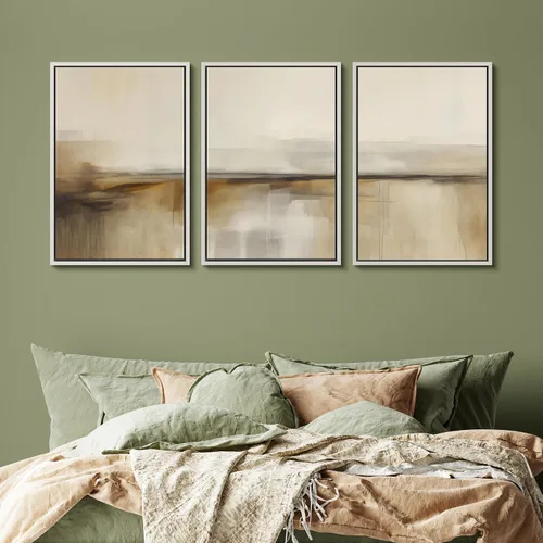 Vista 307 de SIGNFORD - Set de obras de arte en lienzo enmarcado para pared, ilustraciones abstractas de neblina del desierto en tonos neutros beige y marrón