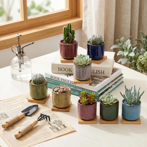 Vista 6 de Lawei Paquete de 8 mini macetas suculentas de 2.5 pulgadas con drenaje y bandeja de bambú, maceta pequeña de cerámica para cactus, macetas de flores
