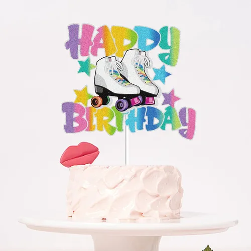 Vista 5 de Patín de ruedas Happy Birthday Cake Topper para niñas, retro, colorido, hip hop, tema, fiesta, decoración de tartas, suministros para rodar