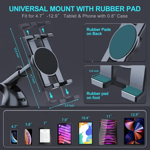 Vista 3 de Vadaxx Soporte para tablet de automóvil y parabrisas, soporte giratorio de 360° para iPad Pro 12.9/11/10.5/Air/Mini 6/5/4, Galaxy Tab, iPhone 16/15