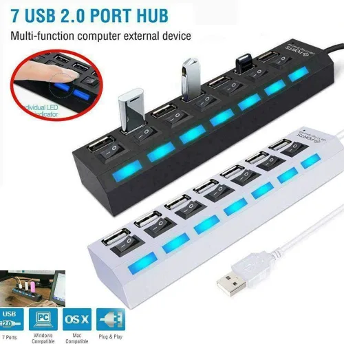 Vista 9 de Concentrador USB 2.0 de 7 puertos, extensor USB con interruptores LED individuales de encendido/apagado, protección contra sobrecorriente, Plug and