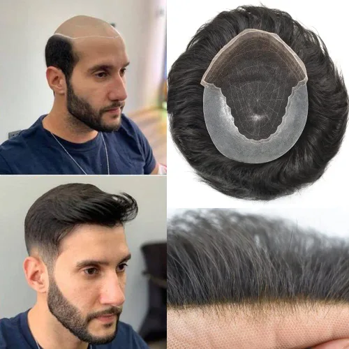 Vista 23 de Mens Toupee Human Hair Replacement System Swiss Lace Toupee For Men Hair Piece Protesis Capilar Mens Hairpiece 5X7#1 Jet Black 120% Density