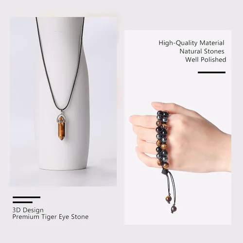 Vista 6 de Pulsera Hecha a Mano de Triple Protección 10mm de Hematita Obsidiana Negra Ojo de Tigre con Piedras de Cristal de Curación para Hombres y Mujeres