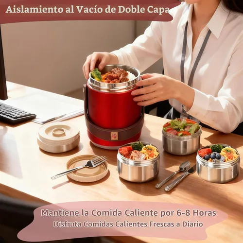 Vista 9 de Contenedor de comida aislado al vacío de 67 onzas para alimentos calientes, termo de alimentos apilable sellado de 3 niveles, lonchera térmica