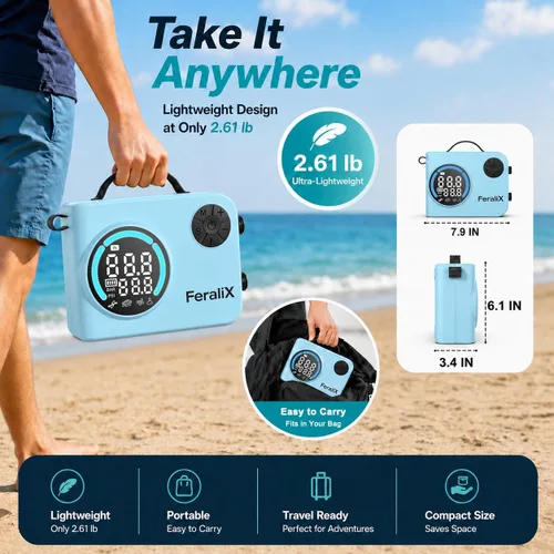 Vista 8 de Bomba eléctrica para tabla de remo, compresor de aire SUP recargable de 20 PSI con apagado automático, inflado y desinflado de doble etapa