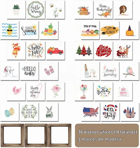 Vista 2 de Decoración de primavera para casa de campo, verano, decoración del hogar, 36 frases intercambiables con 3 marcos de madera para oficina y sala