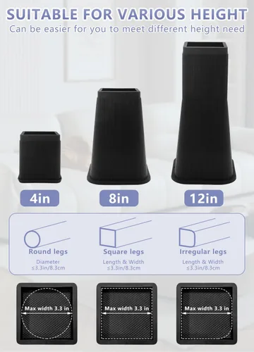 Vista 7 de Paquete de 4 elevadores de cama de 4 pulgadas resistentes, elevadores de muebles para dormitorio, tamaño individual XL, mesa, sofá, armario, marco